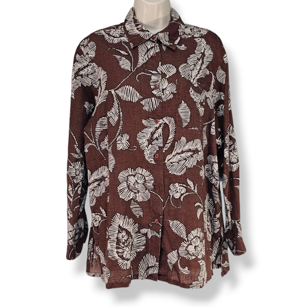 Vintage Y2K Victoria's Secret 100% Linen Button-Up Brown Shirt Floral Print Sz S
